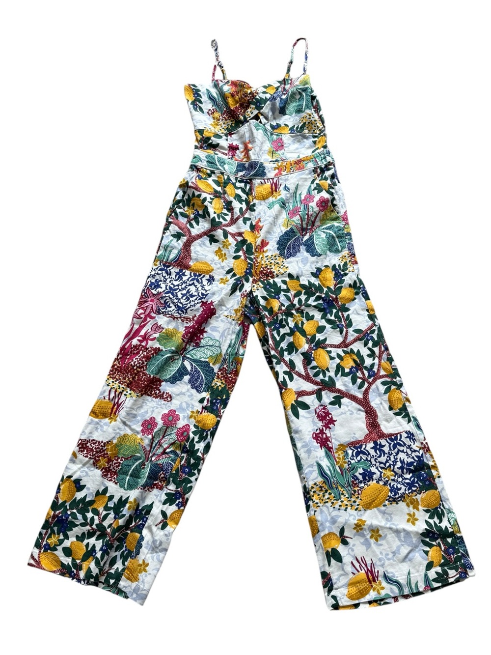 Maeve Anthropologie Botanical Lemon Print Cutout Wide Leg Jumpsuit 6 Maximalist - Picture 4 of 16